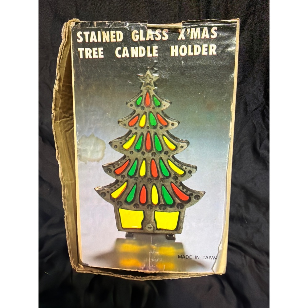 Vintage Stained Glass Christmas Tree Candle Holder Metal Votive Decor 7509